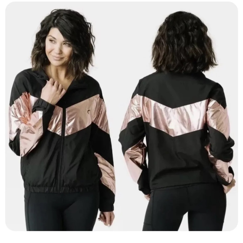 Zyia Active Shine Block Full Zip Windbreaker Jacket Women’s XL Rose Gold/ Black